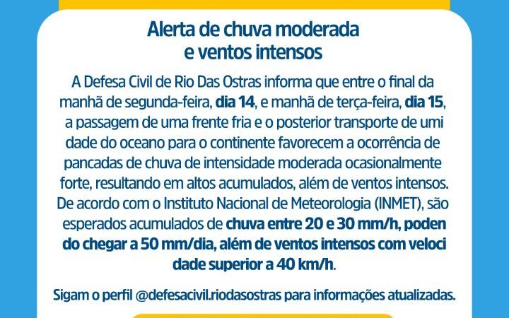 Defesa Civil de Rio das Ostras faz alerta de chuva e ventos
